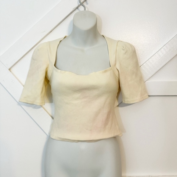 Derek Lam Puff Sleeve Square Neck Rib Knit Crop Top Yellow Cream Sz XS - Picture 2 of 9